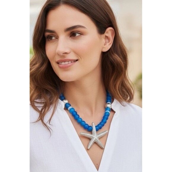 Artisan Jewelry - Silver Starfish Pendant Necklace Blue Glass Bead Coastal Nautical Statement